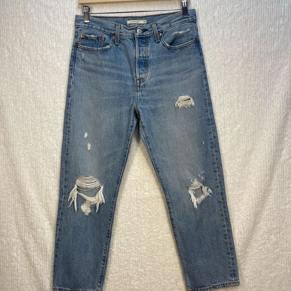 Levi’s Blue Distressed High Rise Crop Wedgie Straight Denim Jeans Size 29 - Picture 1 of 9